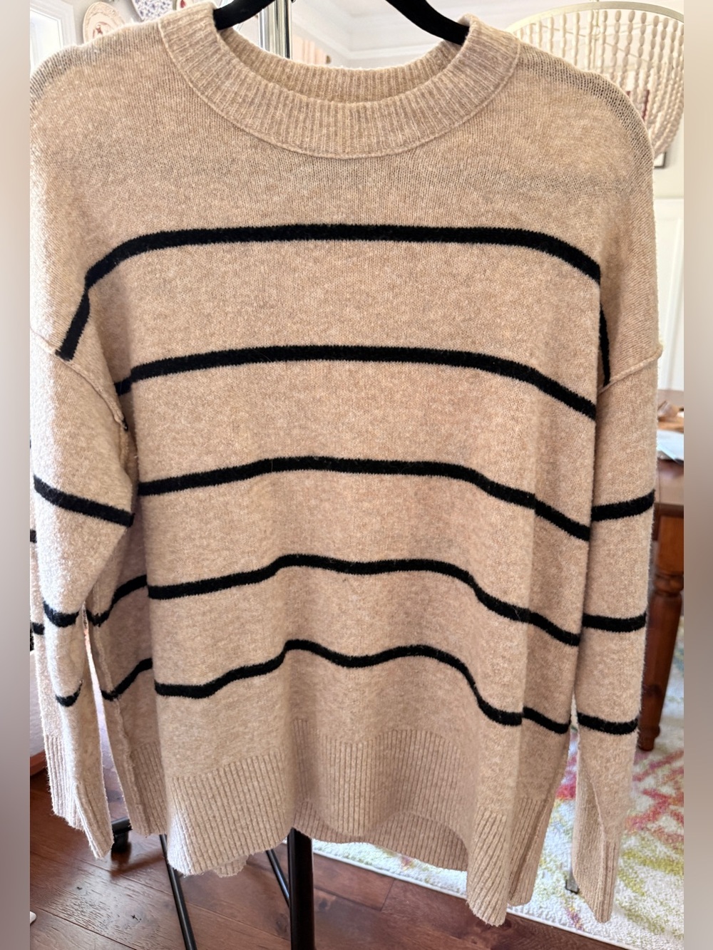 aerie Beige Crewneck Sweater with Black Stripes